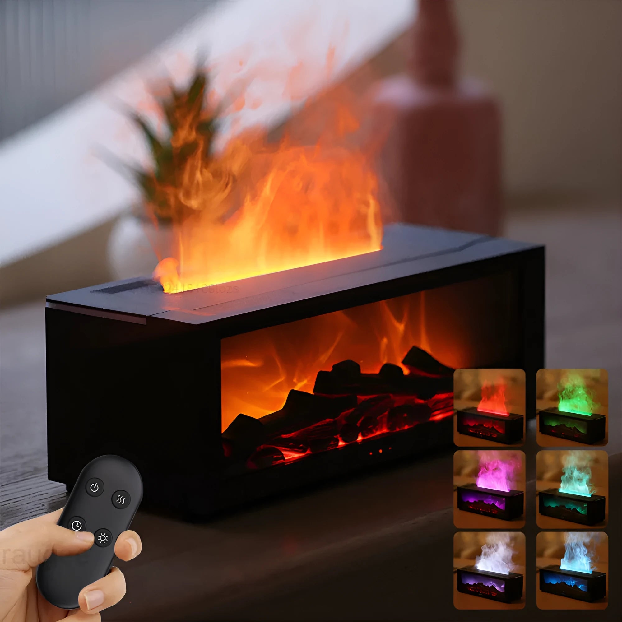 Square flame aromatherapy machine with LED 3D flame effect, seven colour mood lights, and remote control.
