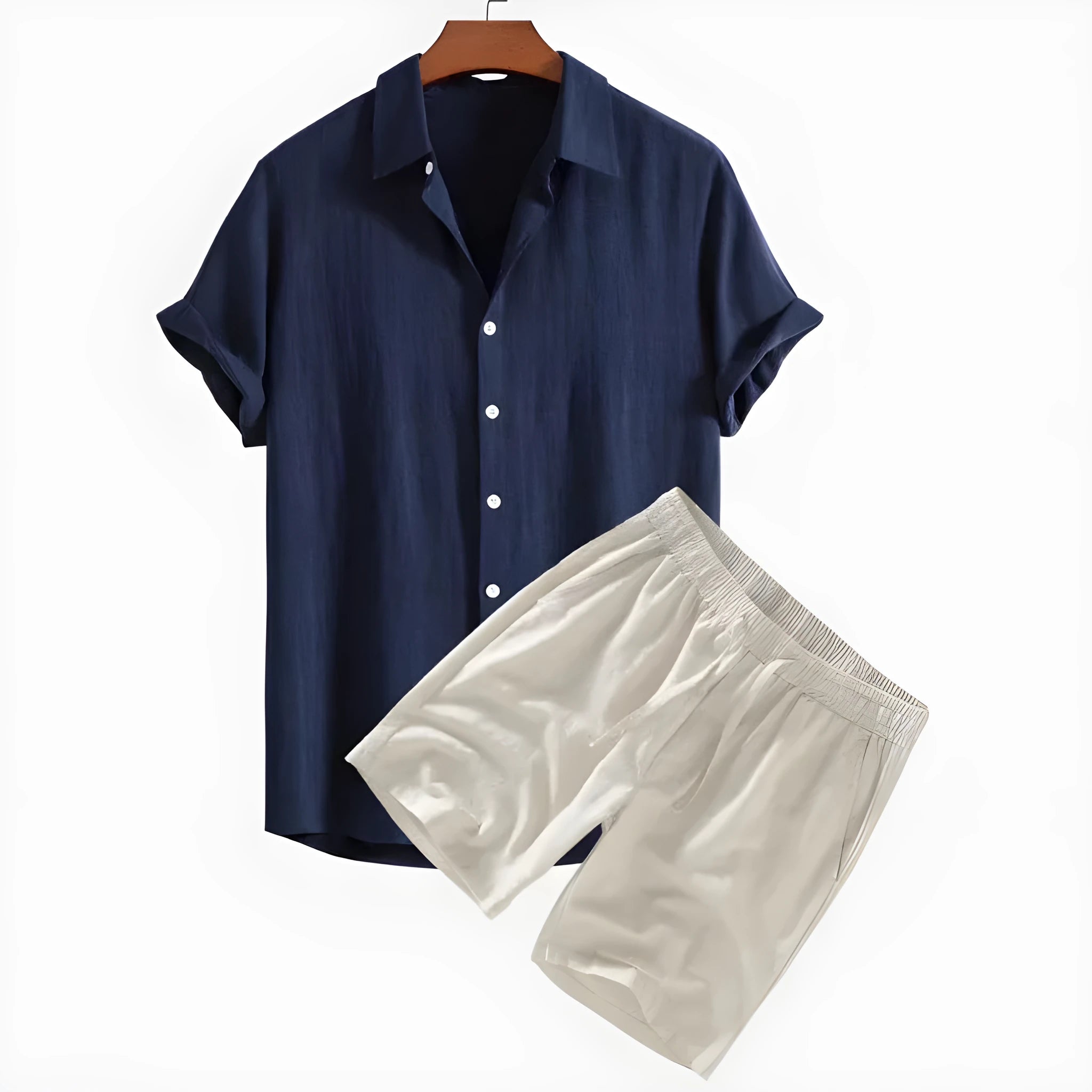 Men's solid colour short-sleeved shirt and matching shorts casual suit set.