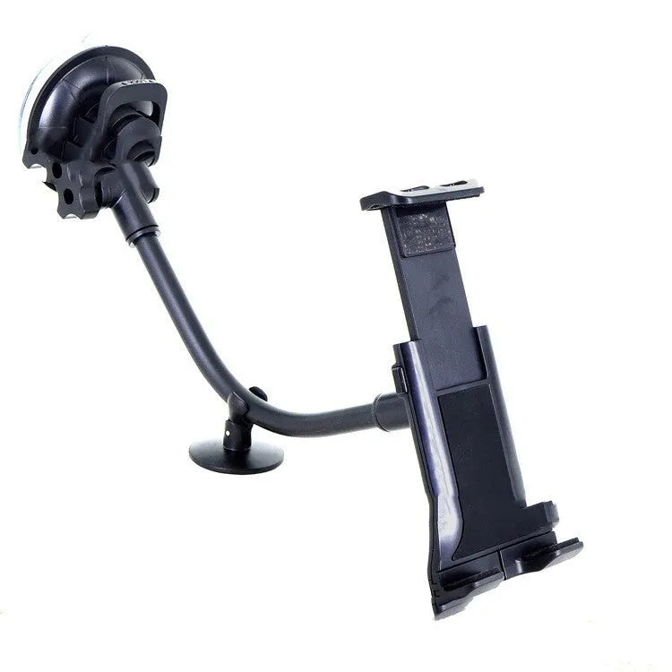 Black universal vehicle-mounted tablet and phone holder with suction cup on a car dashboard