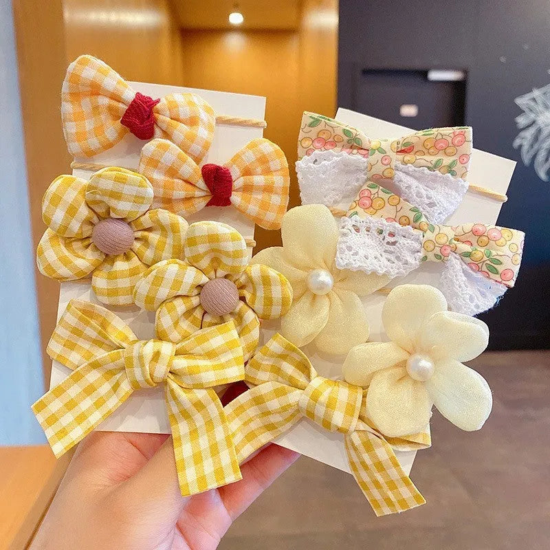 Girls' fabric hair bow set 10-piece simple bow flower pattern handmade children's hair accessory