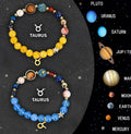 Set of twelve natural stone beaded bracelets, each showing a different zodiac sign constellation design.