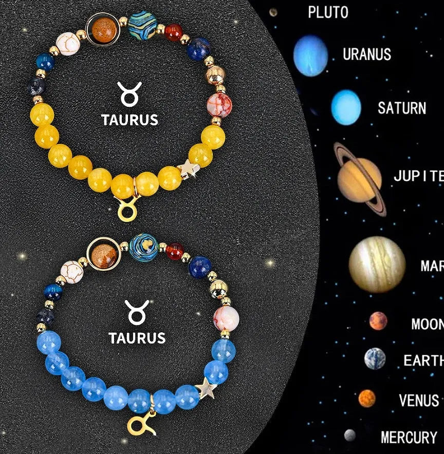 Natural stone beaded bracelet set for the twelve zodiac signs, showing two bracelets.