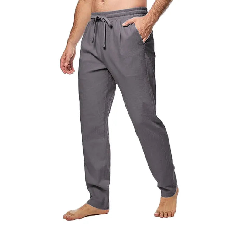 Men's cotton and linen blend loose drawstring straight leg summer trousers in khaki