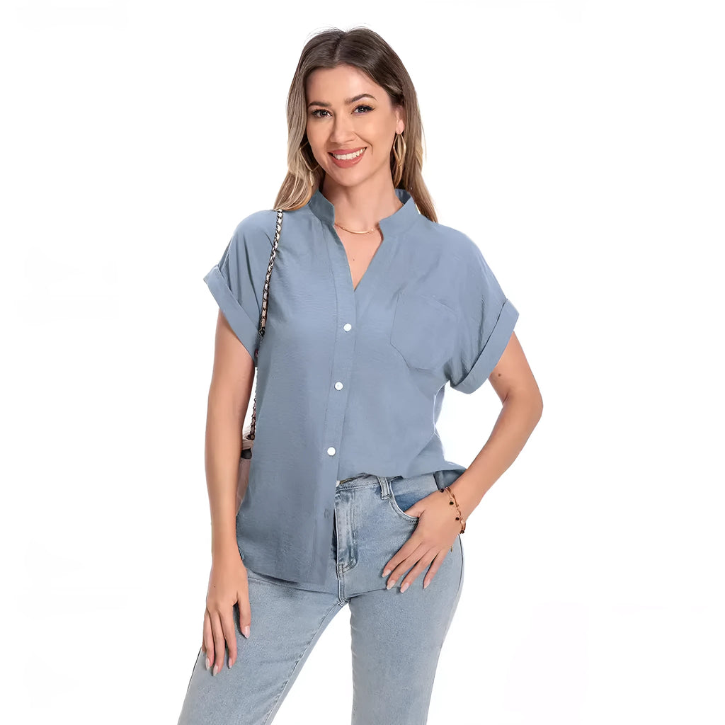 Women's loose-fit polyester summer top with stand collar and short raglan sleeves in Army Green.