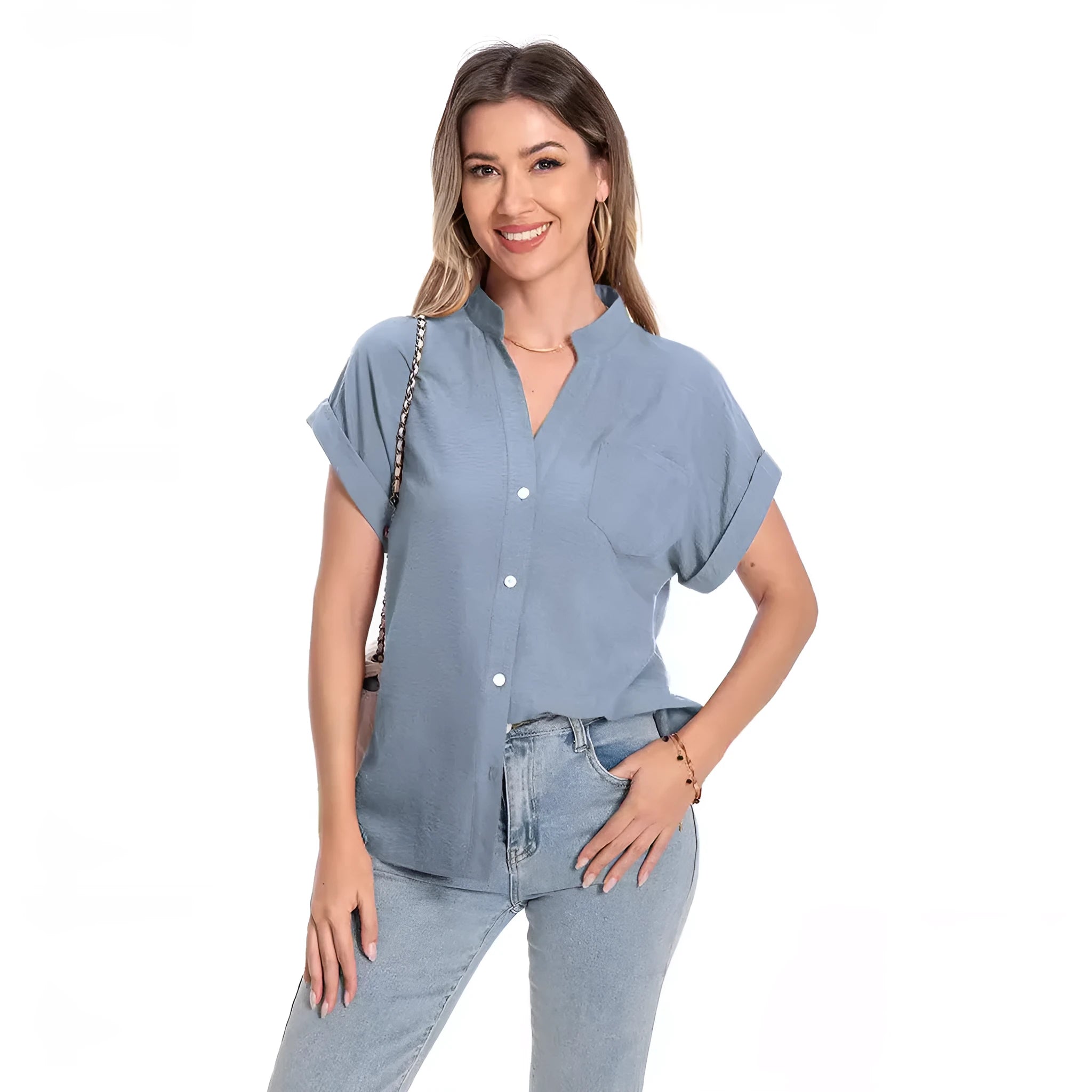 Women's loose-fit polyester summer top with stand collar and short raglan sleeves in Army Green.