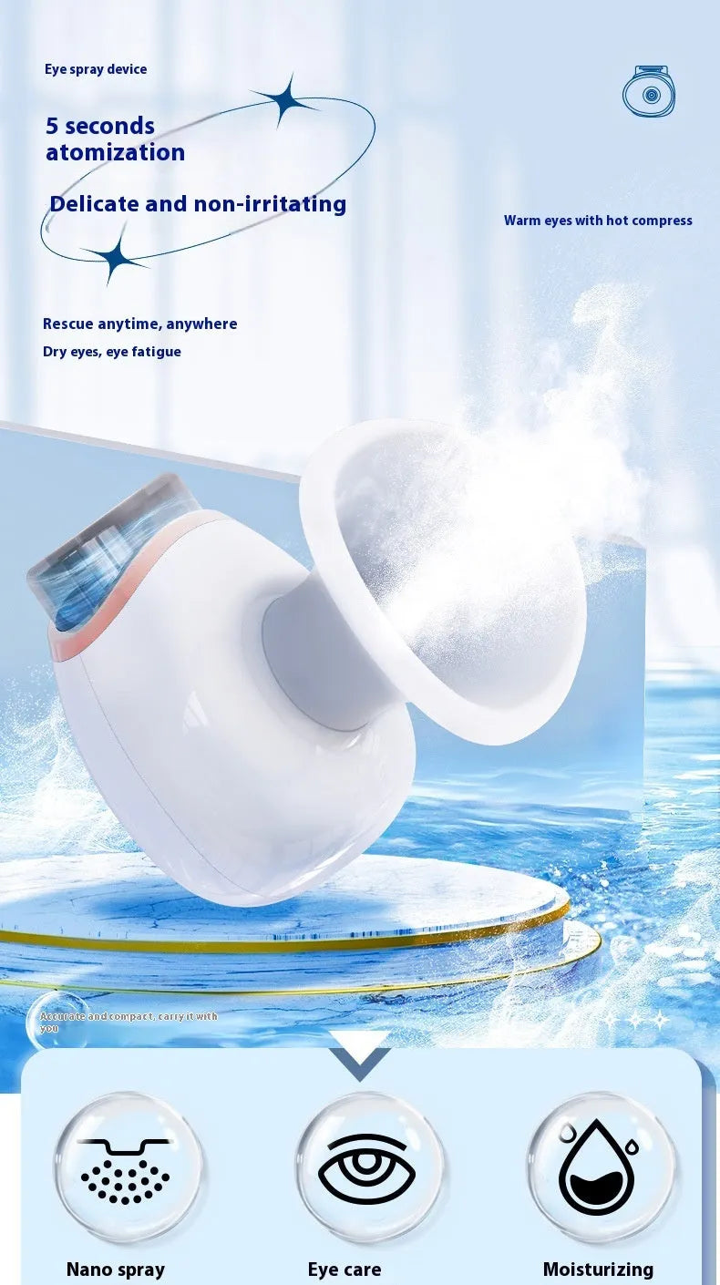 White and purple household eye humidifier device with USB charging cable on plain background