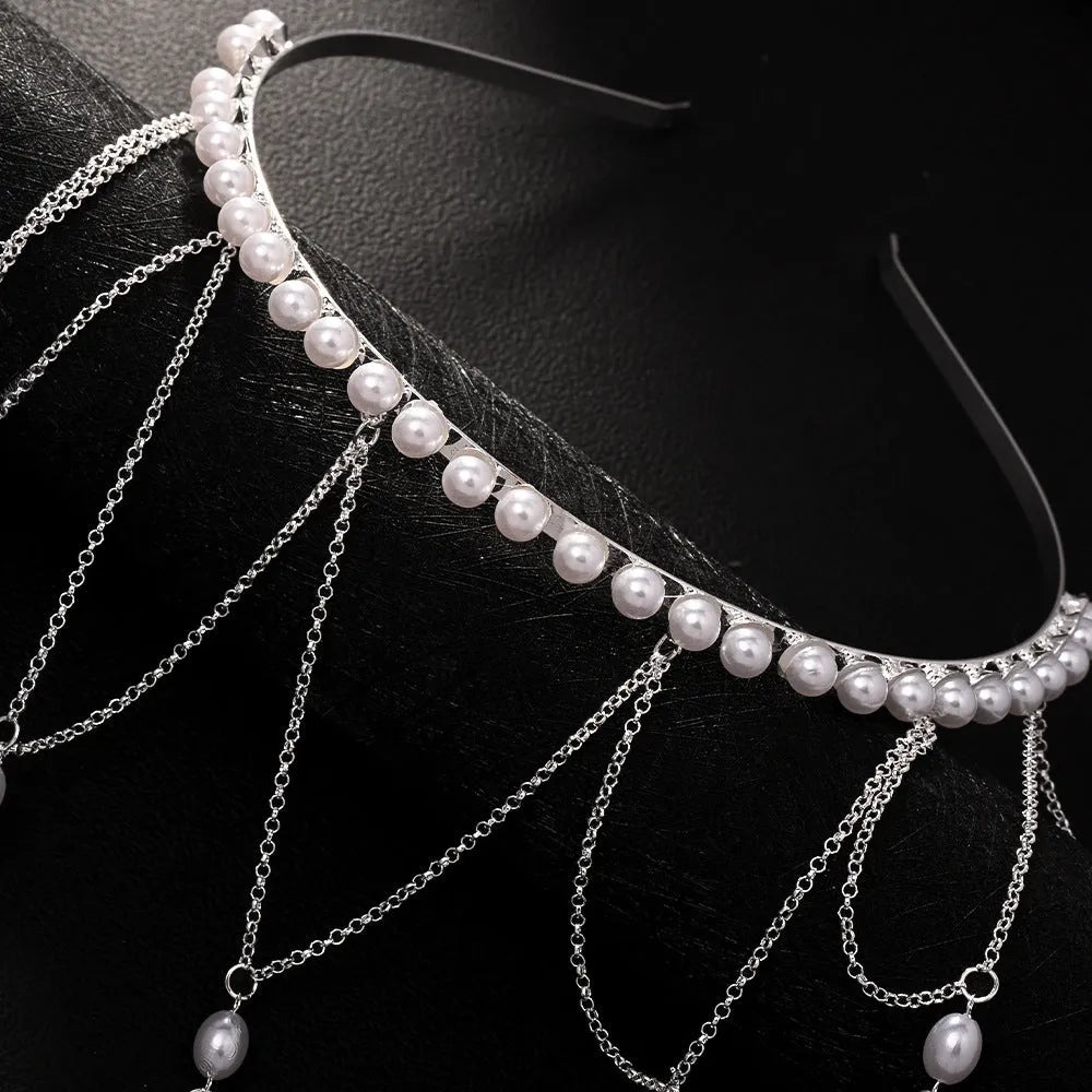 Gold and silver mesh tassel hair chain with pearl construction for women