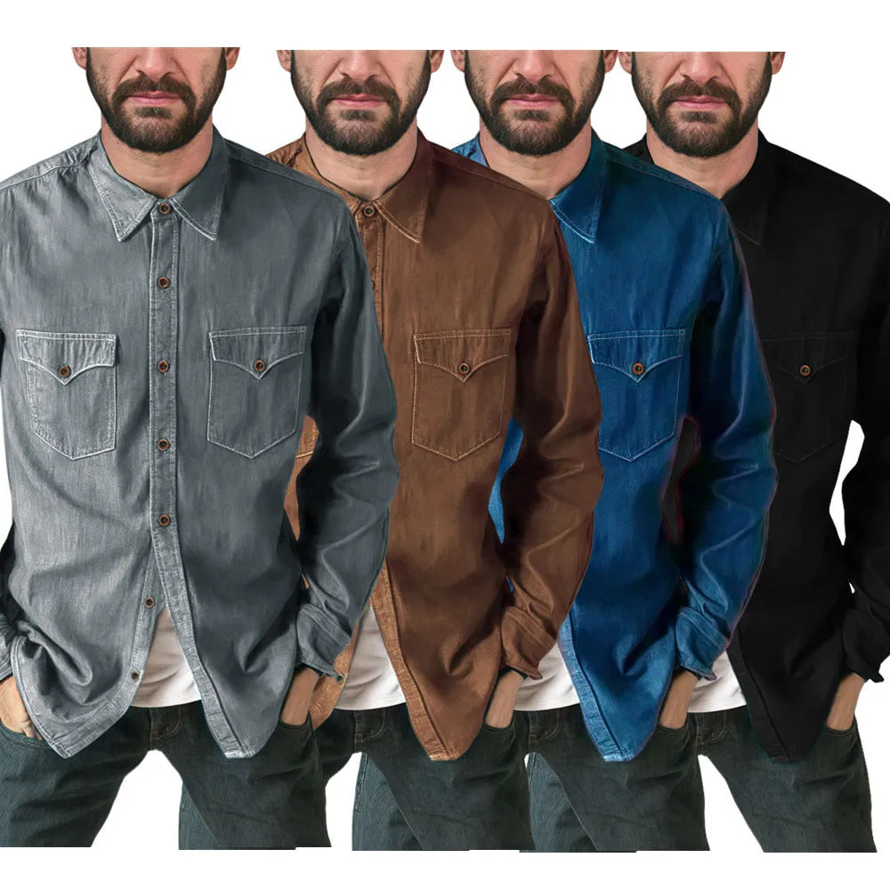 A long denim cardigan coat in a regular fit, shown in one of four available colours.