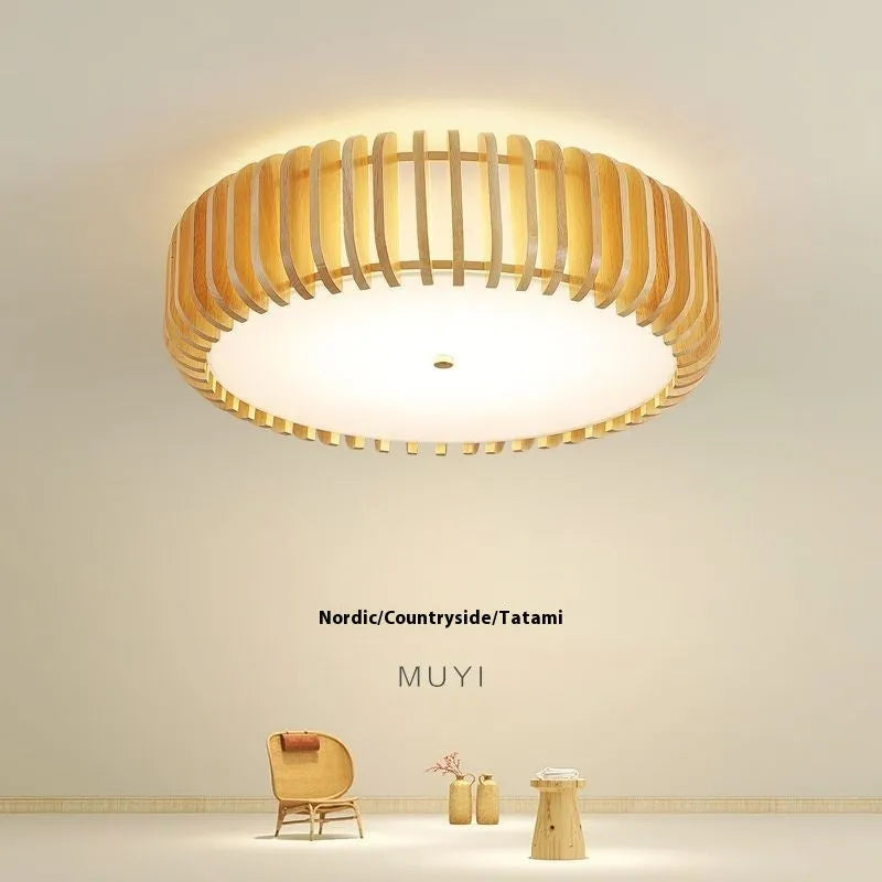 Japanese-style log LED ceiling lamp with three heads, Nordic wood design, 35 cm diameter