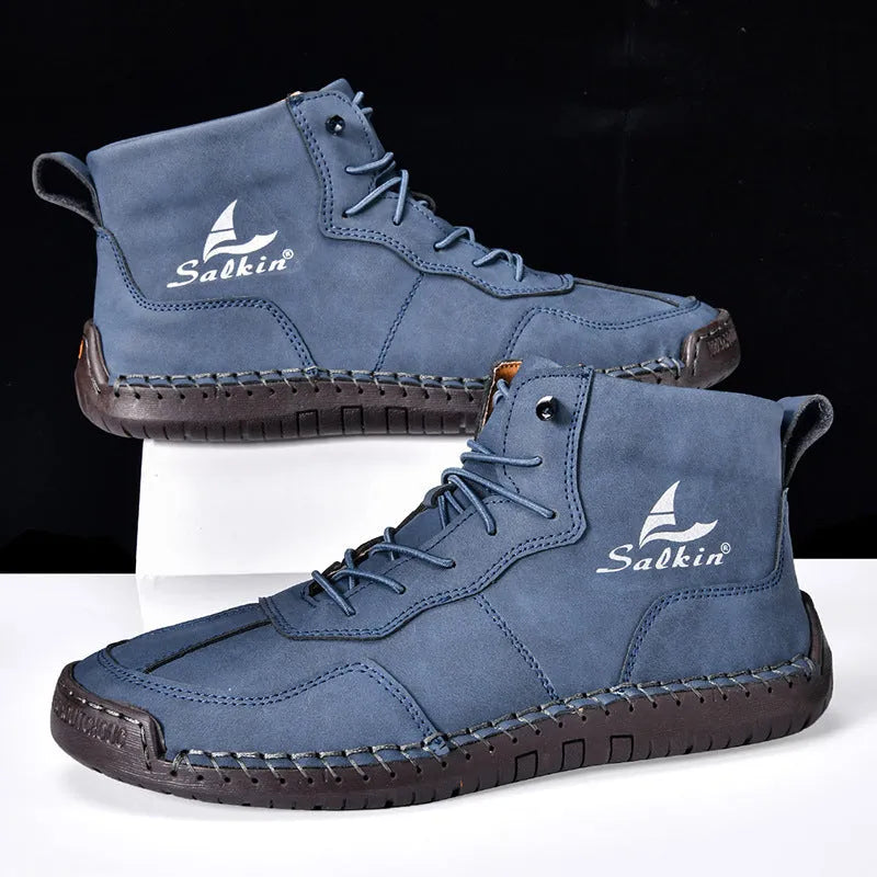 Mid-calf high-top casual boots with round toe and elastic band in artificial PU material
