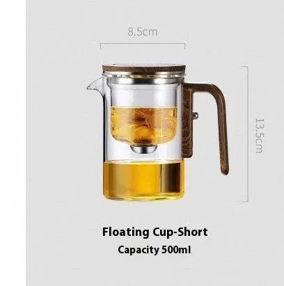 Glass teapot with wooden handle showing magnetic separation inner container and drip-free spout.