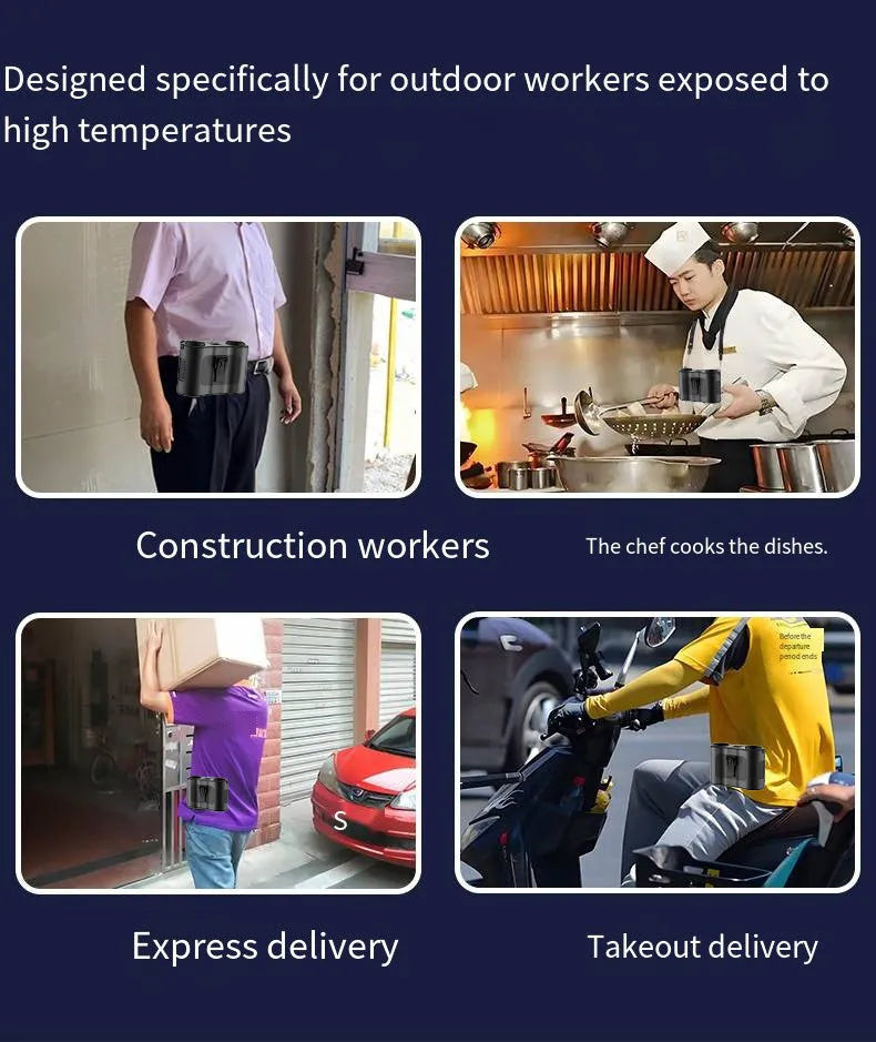 Black waist-hung personal fan with neck lanyard and waist buckle, showing turbine blades and top control button.