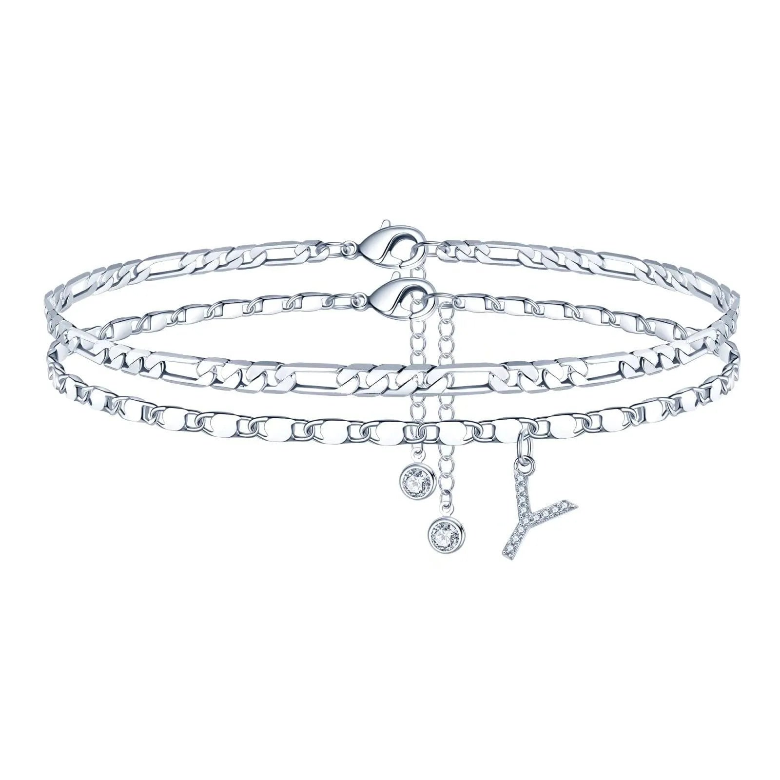 Copper double-circle bead anklet with silver colour finish showing customisable letter styling options