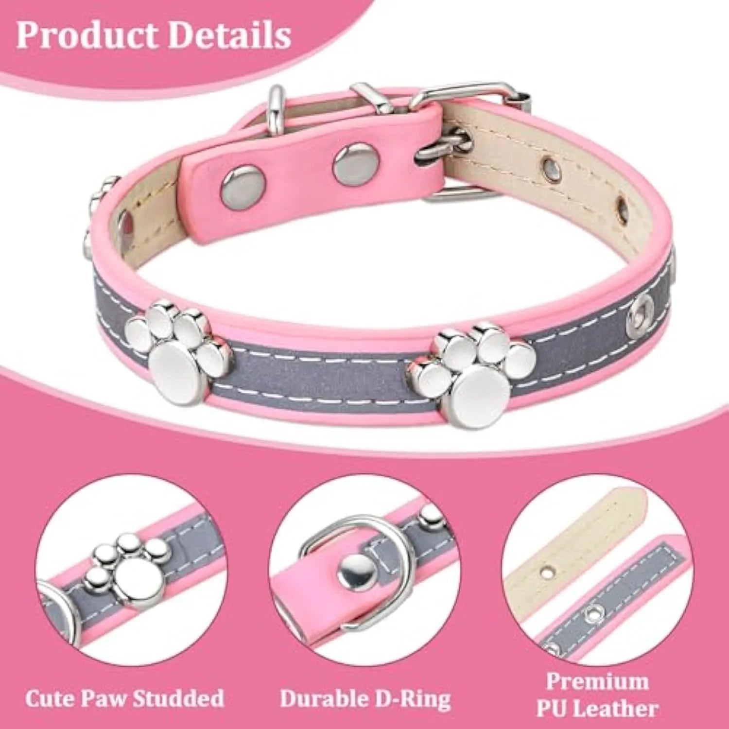Reflective adjustable leather dog collar with cute paw rivet on a grey background