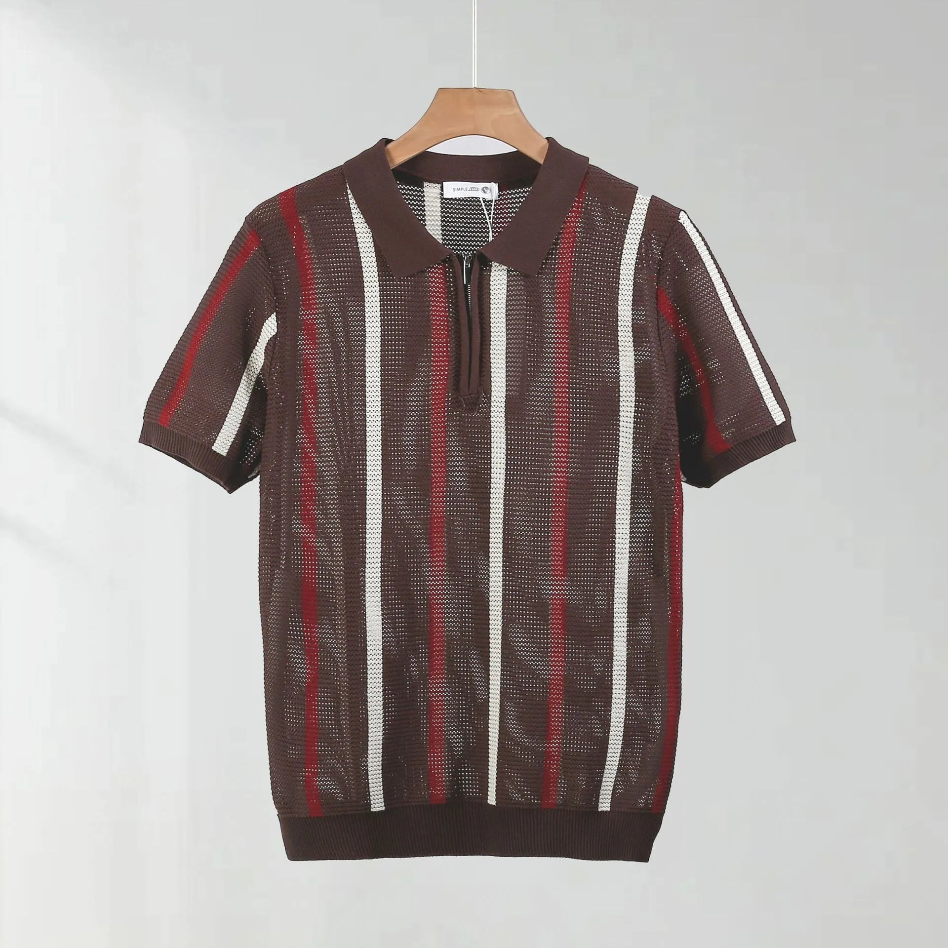Hollow mesh short-sleeved knitting polo shirt in Ice Silk fabric with zipper decorations, loose fit, black colour