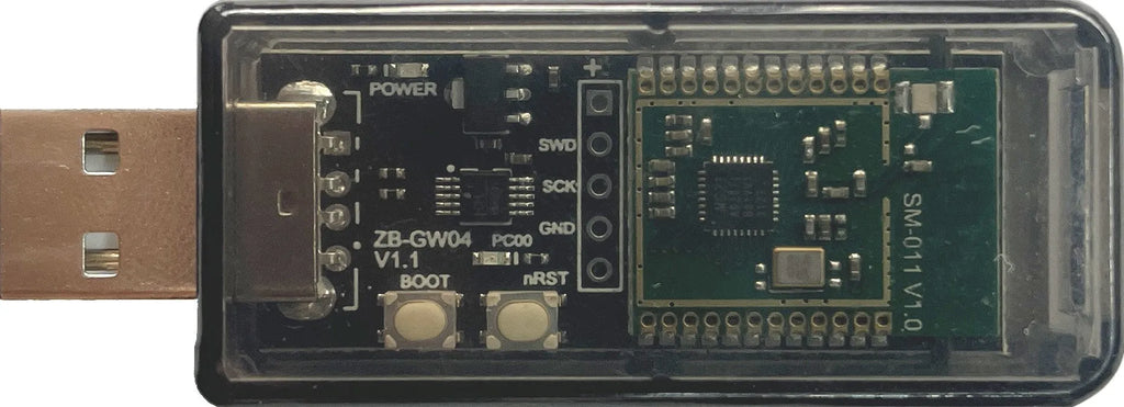 Silicon Labs EFR32MG21 Zigbee USB dongle with plastic shell for Home Assistant connectivity.
