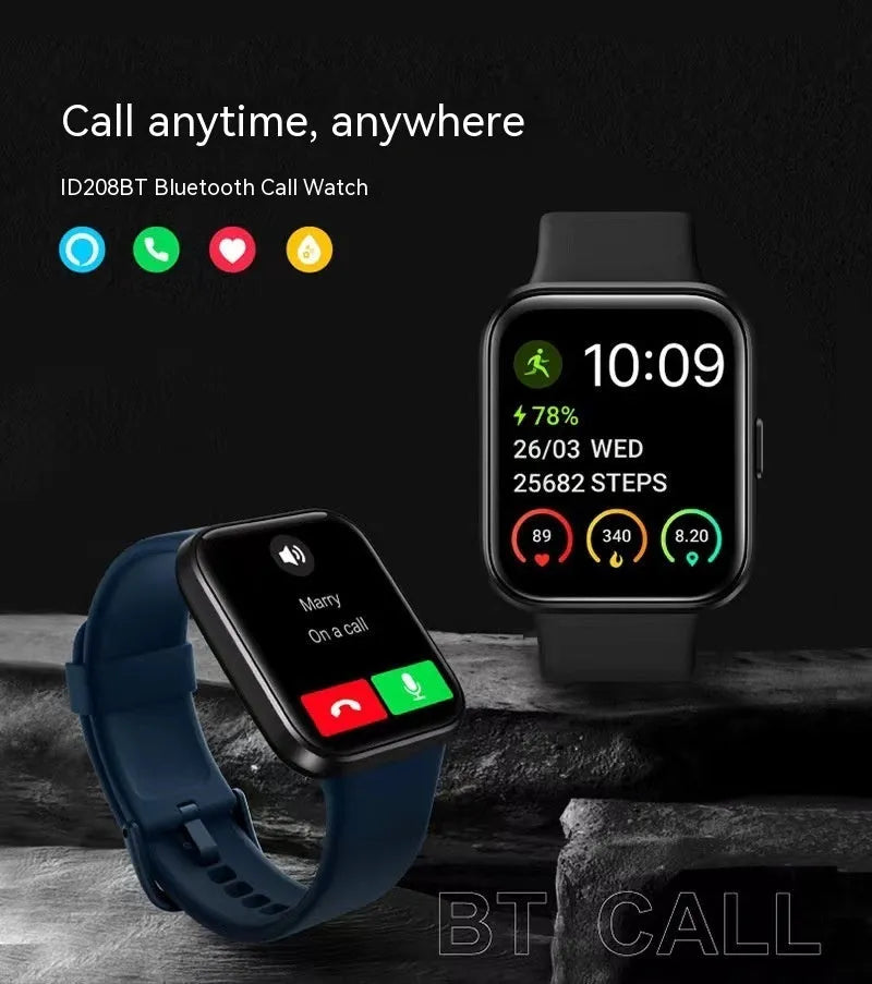 Voice call smart watch with touch screen showing health metrics in black, blue, green, or pink colour options