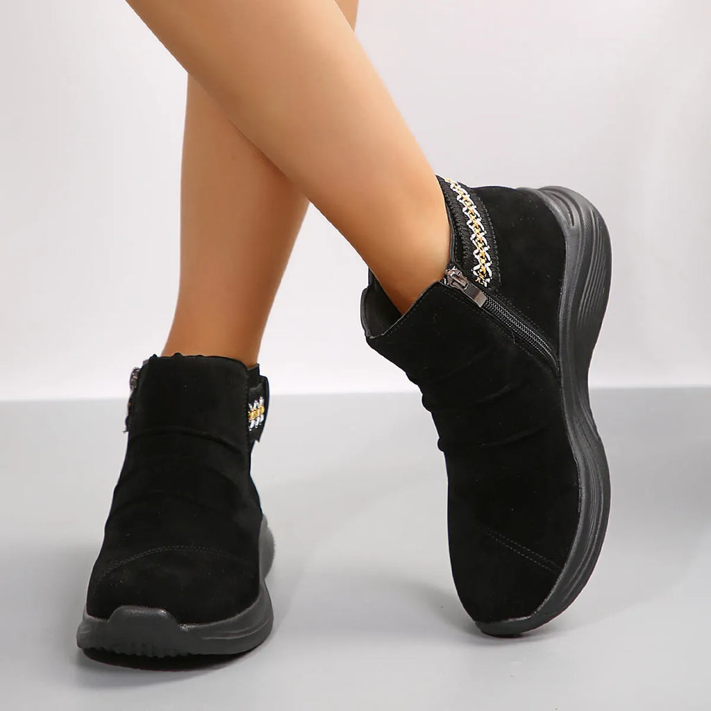 Women's frosted Martin boots round toe platform flat heel side zipper cowhide matte leather black