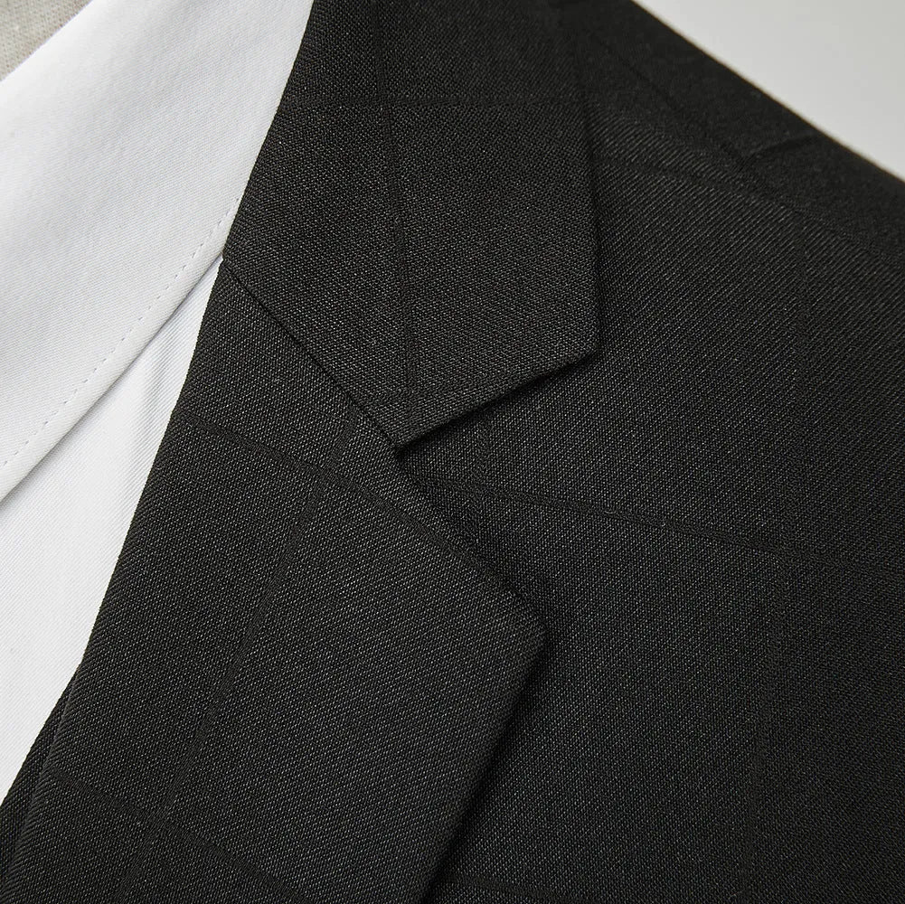 Men's navy blue plaid slim fit three-piece suit with jacket, vest, and trousers on a hanger