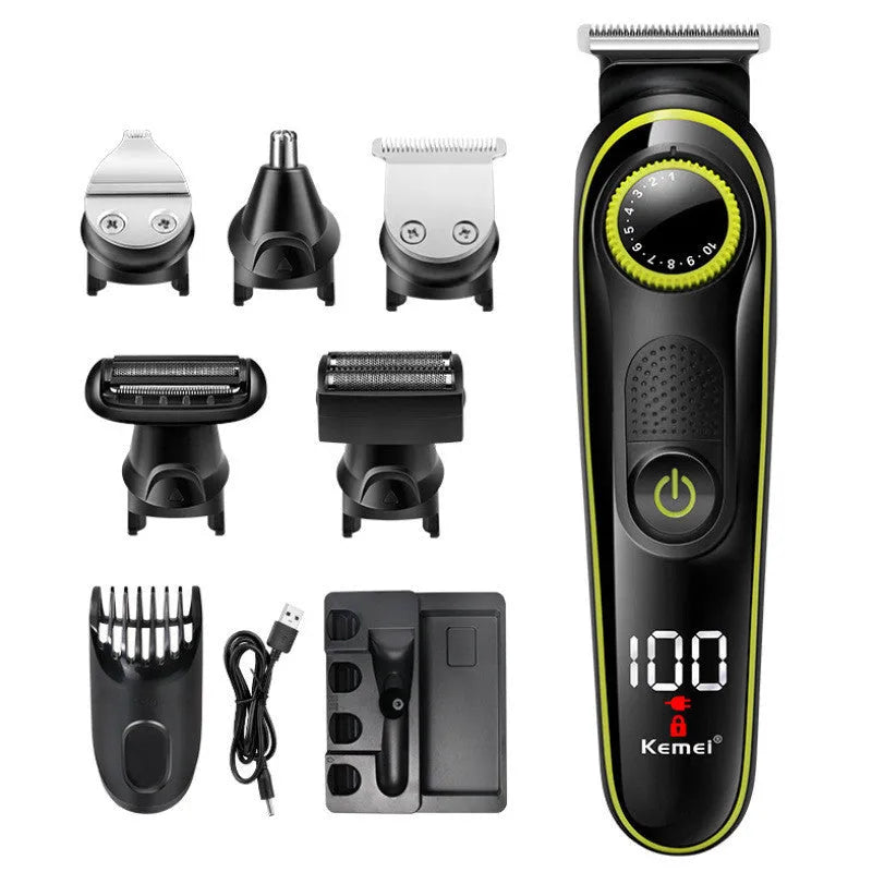 Black KM-696 rechargeable USB hair clipper set with stainless steel blade and cleaning accessories