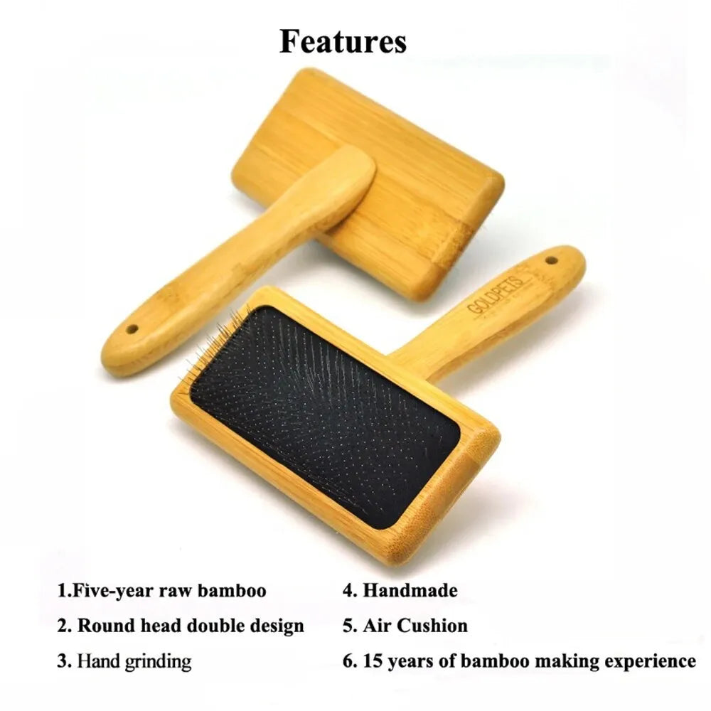Goldpets bamboo and wood slicker brush for grooming cats and dogs with long prongs.