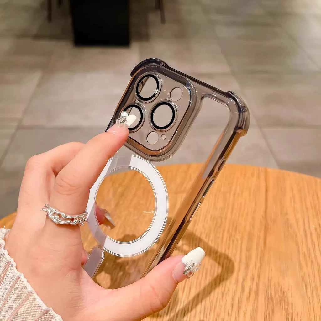 Transparent airbag silicone phone case with magnetic rings and raised lens protector for iPhone.