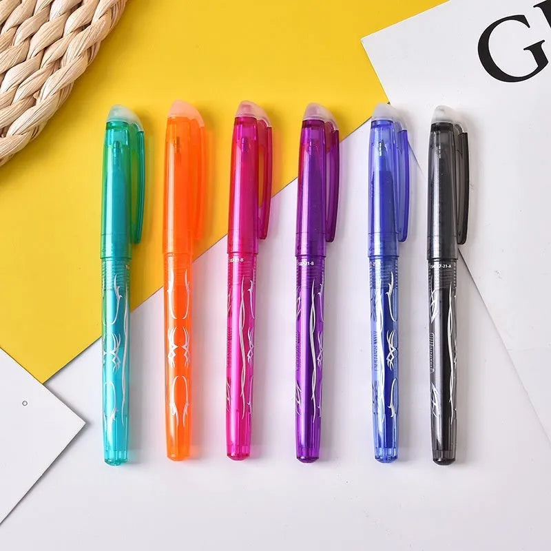 Heat-erasable gel pen set showing multiple colours with stainless steel nibs for temporary writing