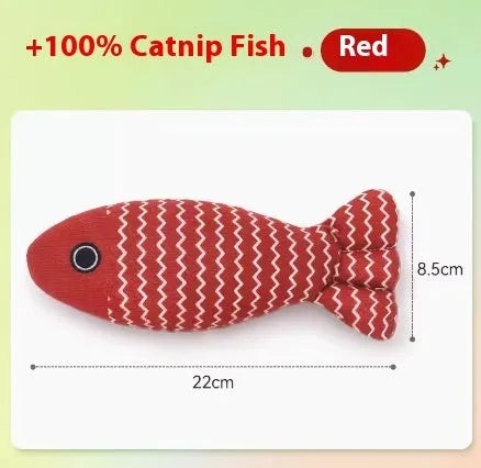 A blue, red, or yellow fabric fish-shaped cat toy filled with catnip, shown in large or medium sizes.