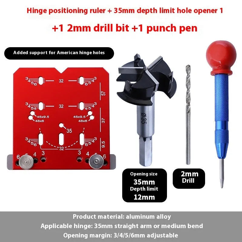 Red aluminium alloy hinge punch locator tool with adjustable margin settings for 35mm cabinet hinges.