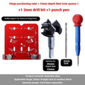 Red aluminium alloy hinge punch locator tool with adjustable margin settings for 35mm cabinet hinges.