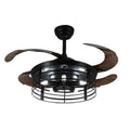 American retro styled ceiling fan lamp with integrated light and acrylic blades, shown with remote control.