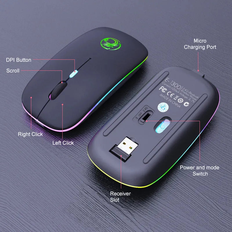 Black and white luminous charging silent wireless mouse on a desk with adjustable DPI and Bluetooth connectivity.