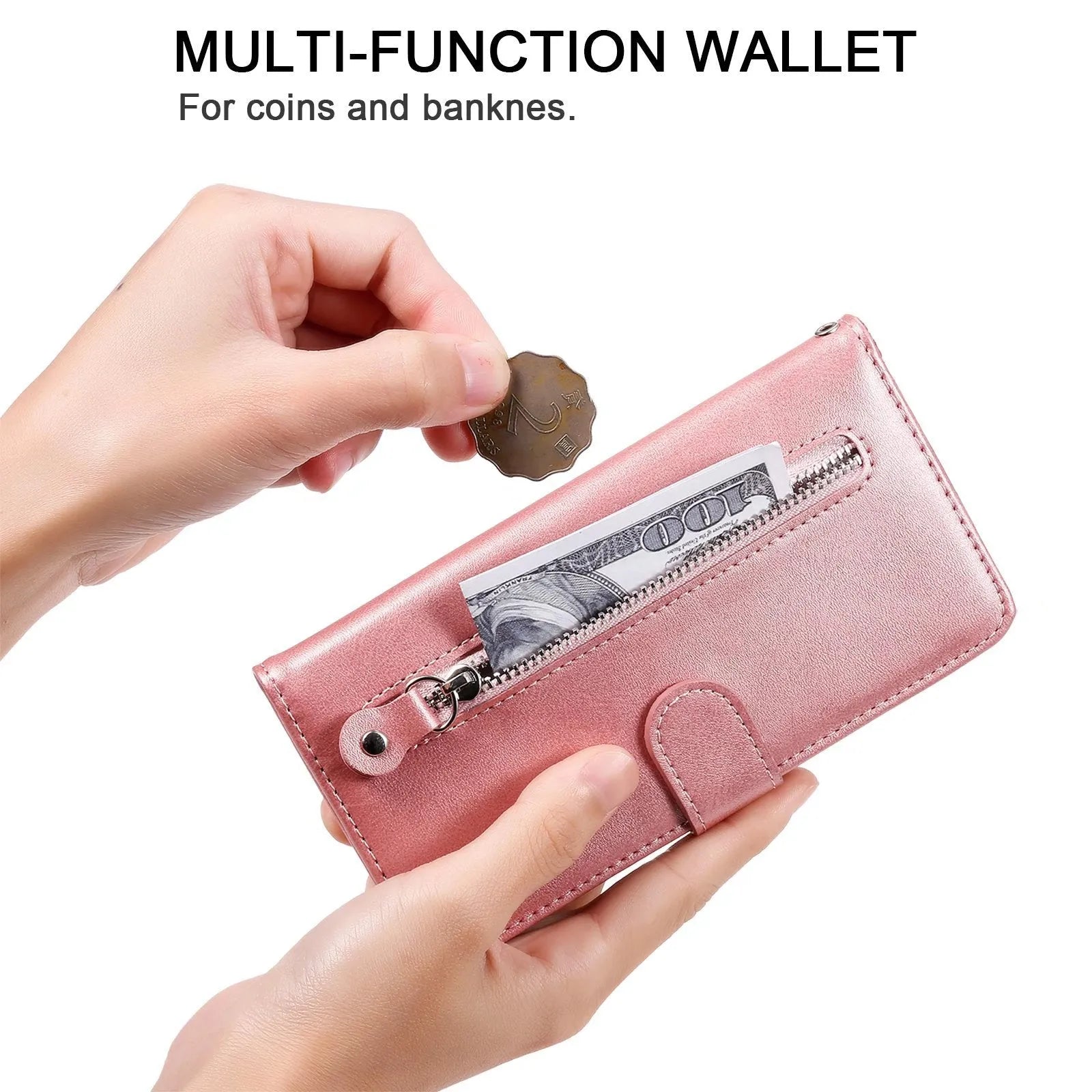 Samsung flip phone case with zipper wallet and card holder in PU leather, black colour, front view