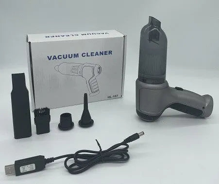 Wireless car vacuum cleaner in gold or silver colour with USB charging port and transparent dust bucket