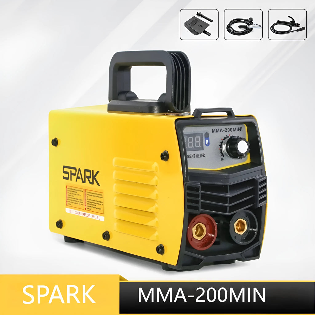 MMA-200MIN compact 220V DC inverter welding machine with welding tongs, clamp, and face shield on a workbench.