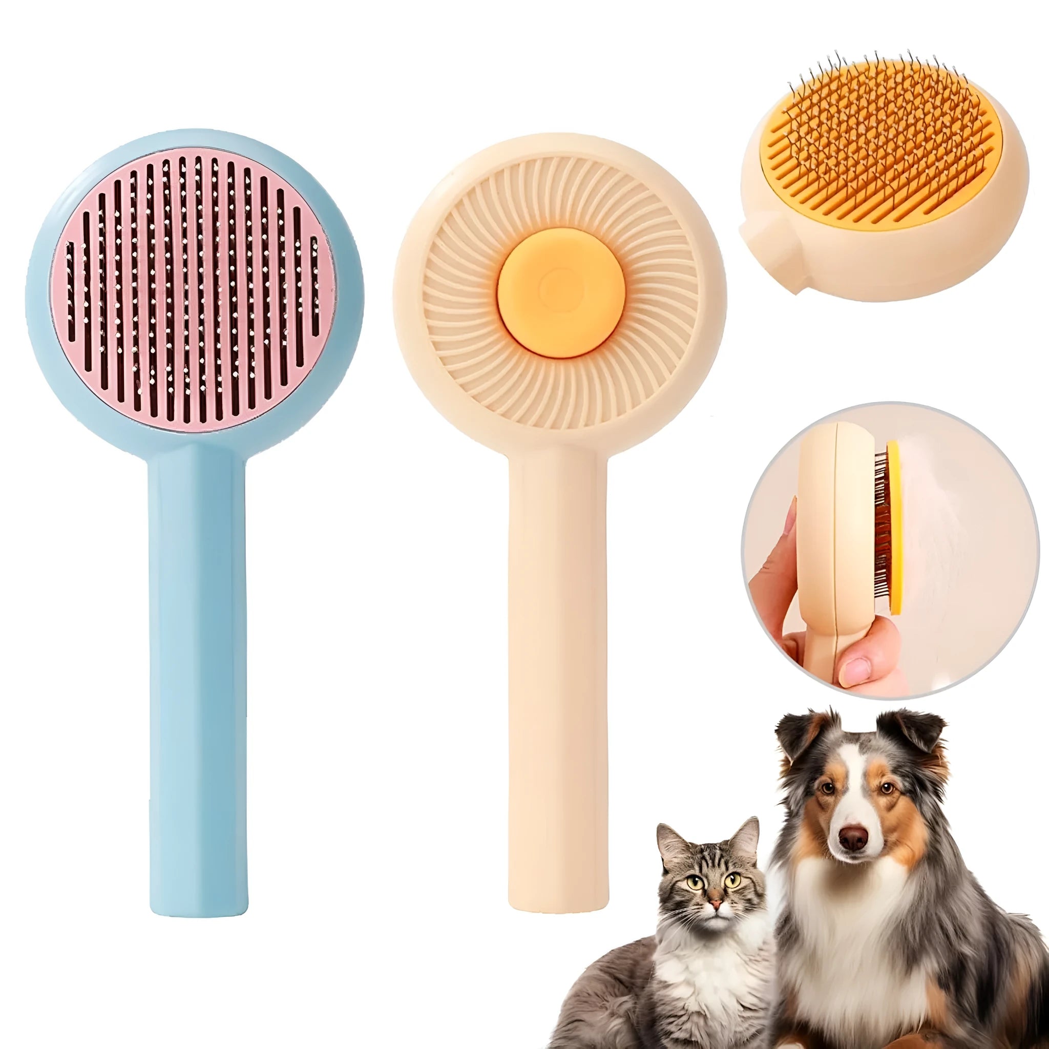 Blue self-cleaning pet grooming brush with angled metal pins