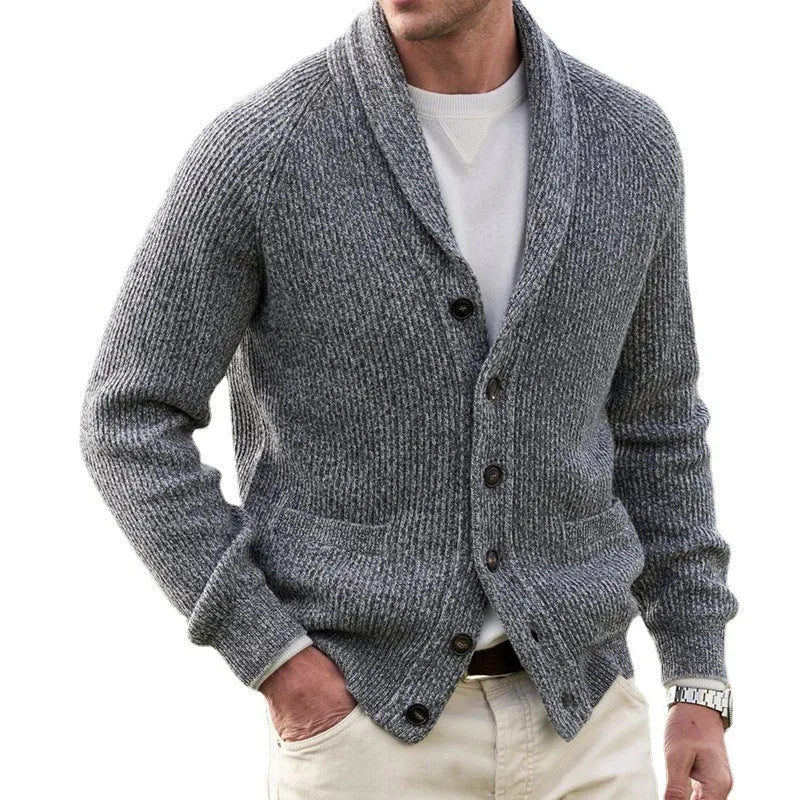 Men's grey mixed colour panel slim fit polyester button cardigan on a plain background