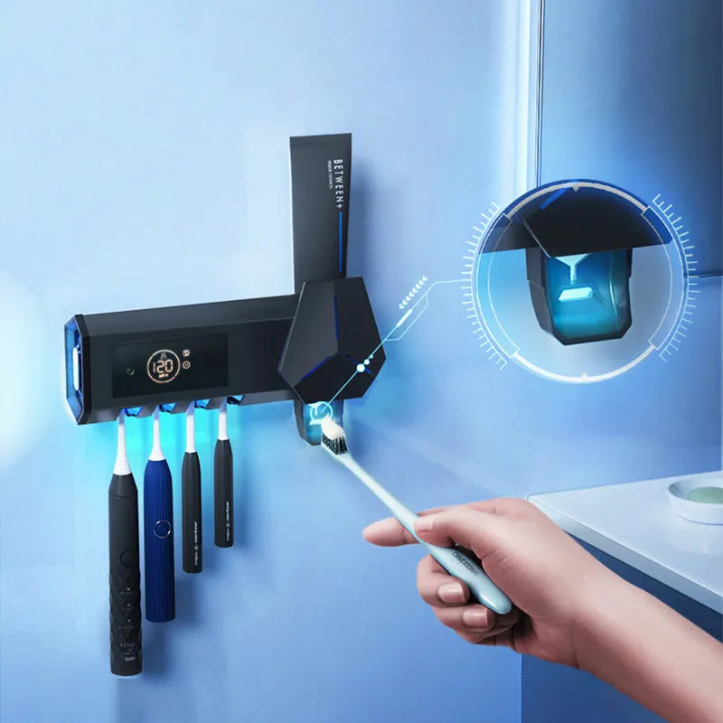 White smart toothbrush sterilizer with ultraviolet light, suction wall mount, 210mm length, black interior, on bathroom wall