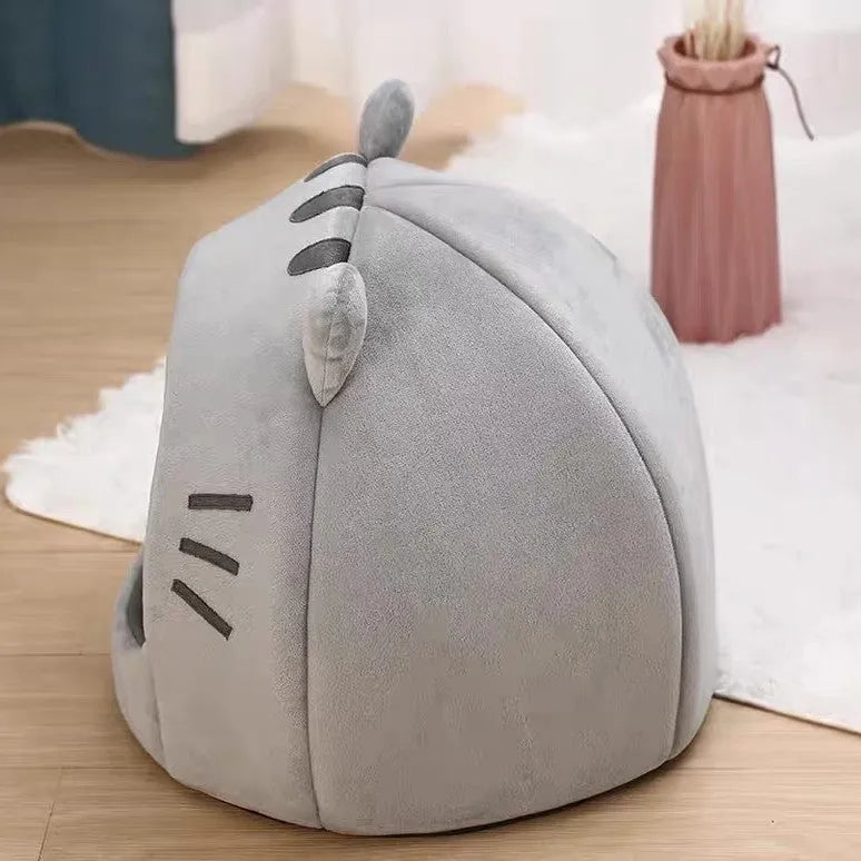 Gray polyester cat nest closed shelter winter warm bed available in sizes S, M, L
