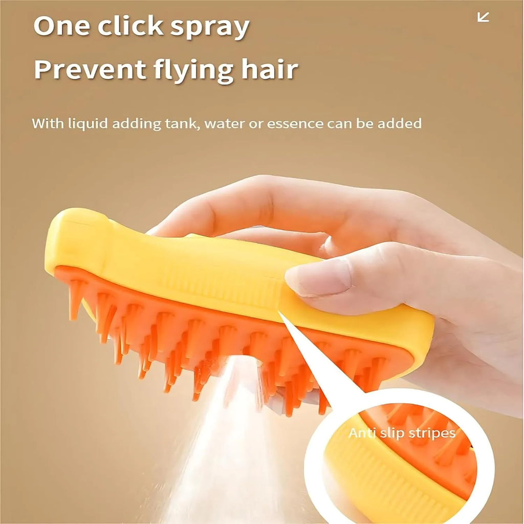 Rechargeable cat steam brush in green or yellow with silicone massage bristles and detangling teeth