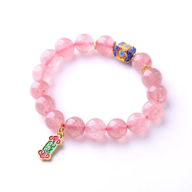 Pink Strawberry Quartz crystal bracelet with hand-woven construction and lucky national style design