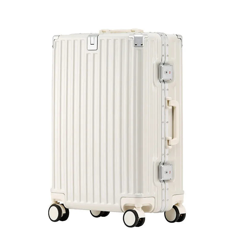 Aluminium frame travel luggage case in avocado green with universal wheels and a USB charging port.