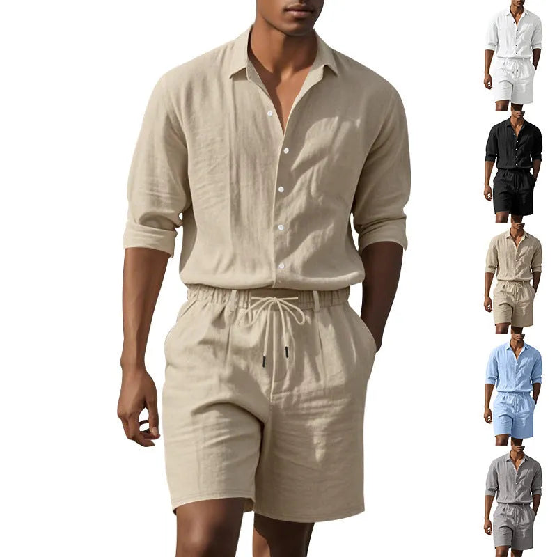 Men's linen beach suit set with long sleeve shirt and shorts in multiple colour options