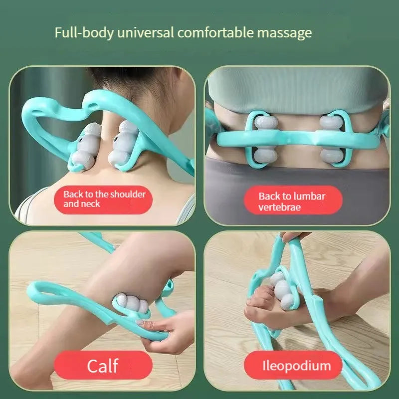 Blue handheld neck massager roller with 96 pressure points showing ergonomic curved design.