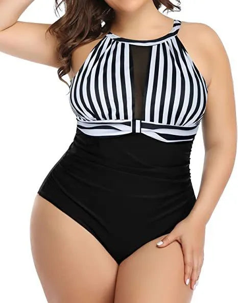 Women's black, striped, and red flower one-piece polyester swimsuit on hanger, sizes L to 4XL