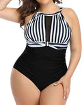 Women's black, striped, and red flower one-piece polyester swimsuit on hanger, sizes L to 4XL