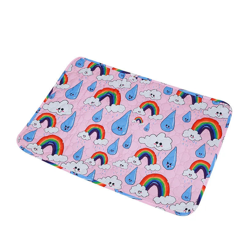 Reusable waterproof pet training pad with animal print design, shown in multiple sizes on a floor.