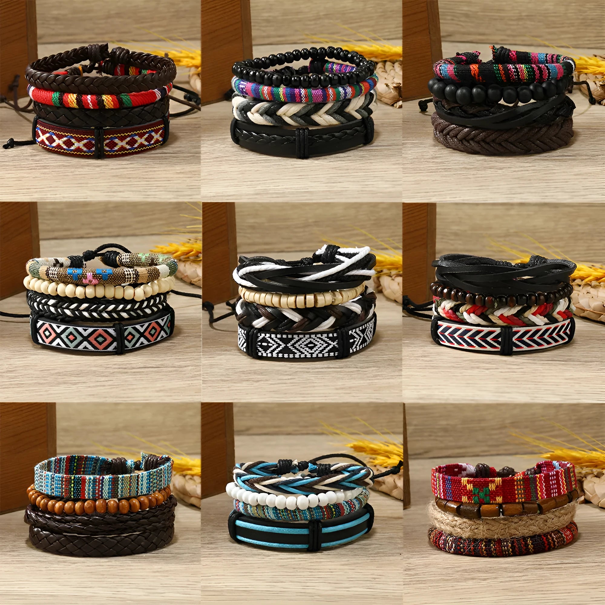Bohemian ethnic style colourful leather bracelet set with geometric patterns on a neutral background