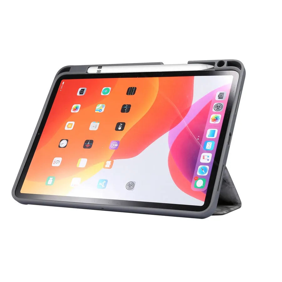 Tri-fold imitation leather iPad case in dark grey with a slot for an Apple Pencil.