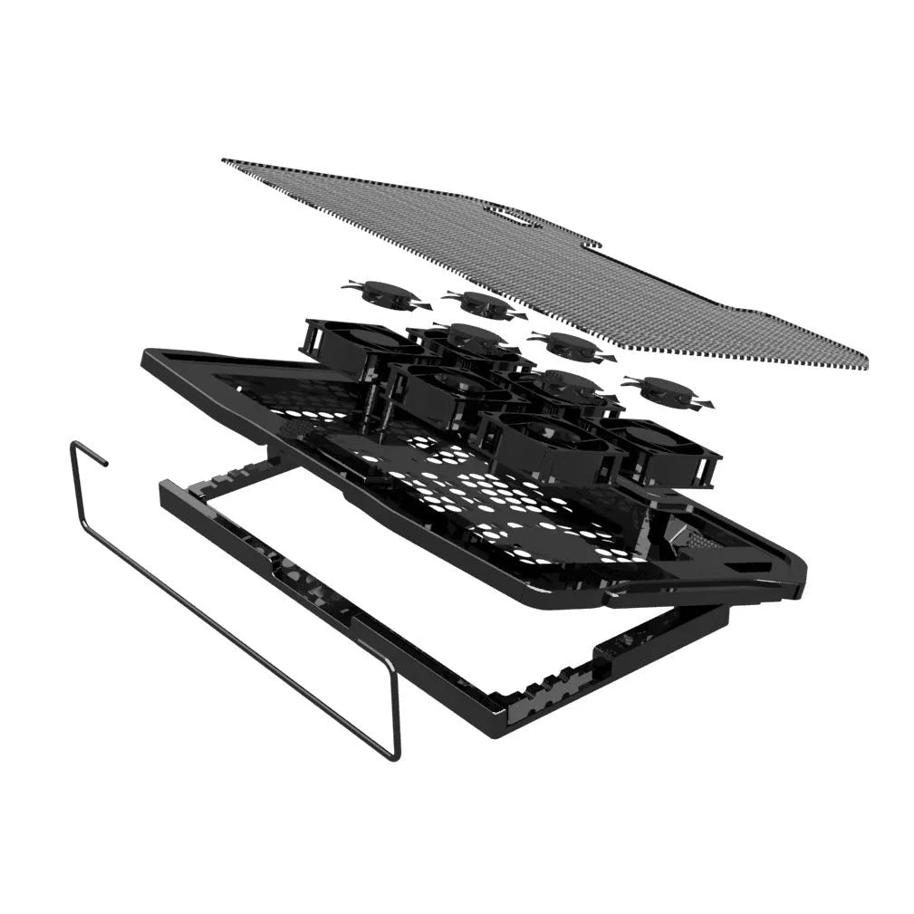 Black metal mesh laptop cooling rack with six ultra-quiet fans and adjustable height on a desk